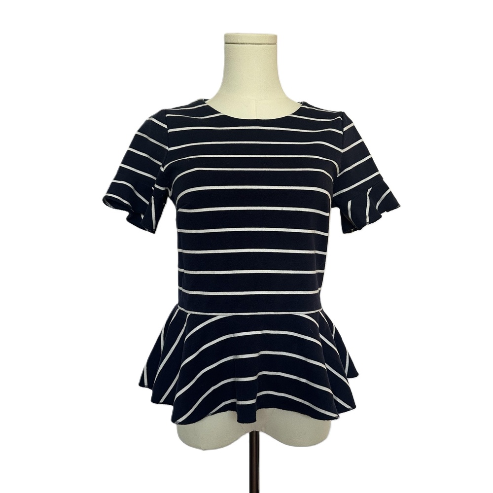 J.Crew Navy Striped Peplum Top Short Sleeves Round Neck Cotton Womens Size S - Picture 1 of 6